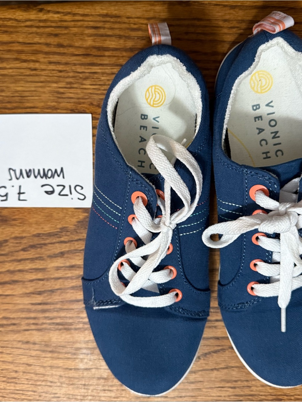 Vionic Navy Canvas Sneakers with Coral Eyelets and White Laces